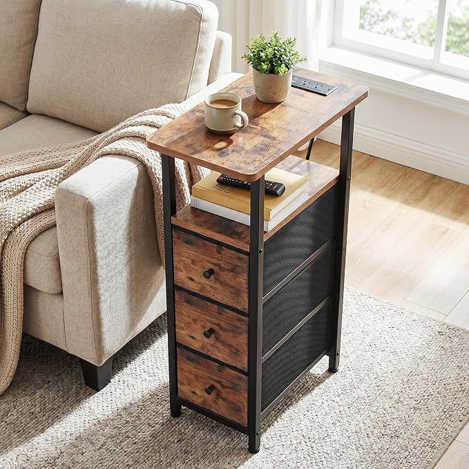 LOAKEKEL Narrow End Tables Living Room Set of 2 with Charging Station, Skinny Side Table with Fabric Drawers, Slim Nightstand for Bedroom, Small Spaces, Couch, Brown, HETNDP03BR