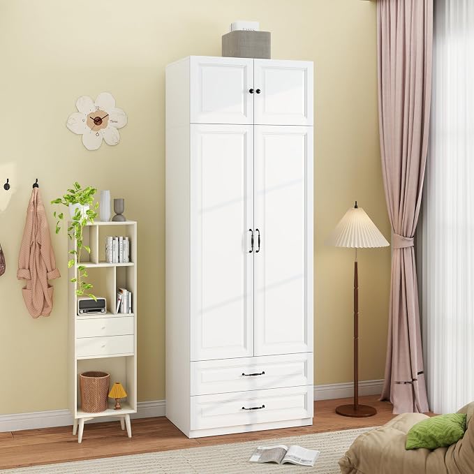 Armoire Wardrobe Closet with 2 Drawers: 88" White Bedroom Closet, Wood Wardrobe Closets with 2 Doors, Tall Armoire Cabinet and Storage Shelves for Clothing (31")