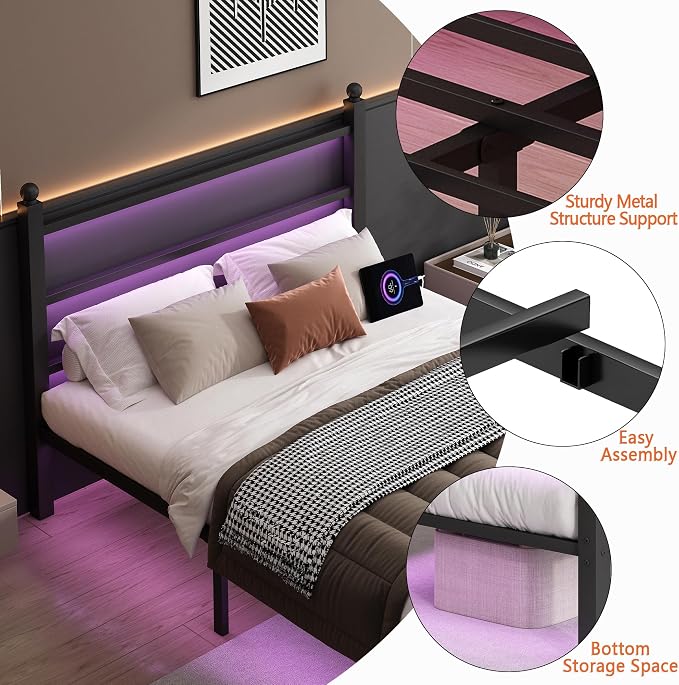 CLIBFENG Full Size Bed Frame with Headboard and Footboard,Steel Slats Support-LED Bed Frame with Charging Station,Mattress Foundation-Under Bed Storage, No Box Spring Needed,Noise Free,Black