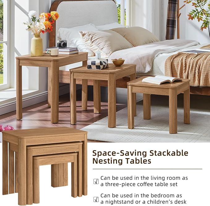 Joaxswe Farmhouse Nesting Tables Set of 3, Living Room Table Set with Rounded Corners & 4 Thickened Table Legs & Stacking Capability, Dark Wood