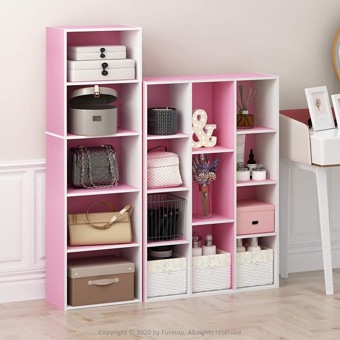 Furinno LUDER Book Shelf, 5-Tier Bookshelf, Bookcase with Open Shelves, 9.4 x 15.8 x 52, Easy Assembly, for Living Room, Bedroom, Home Office, White/Pink