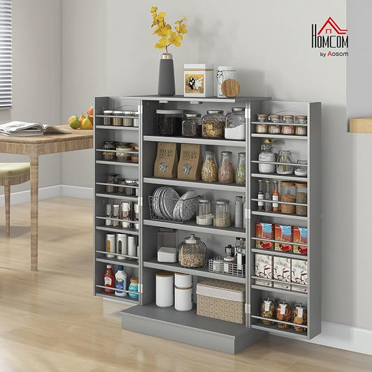 HOMCOM 41" Kitchen Pantry Storage Cabinet, Freestanding Kitchen Cabinet with 12 Door Shelves, Double Doors, 5-Tier Shelving and Adjustable Shelves, Gray