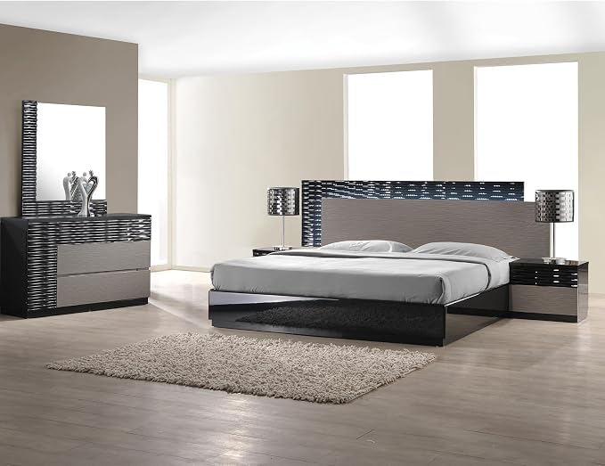 Romania 5-Piece Modern Bedroom Set with Recessed Zebra Gray Headboard, Black Geometric Lacquer Backdrop, LED Platform Bed, 2 Nightstands, Dresser & Mirror, Contemporary Master Suite, (Eastern King)