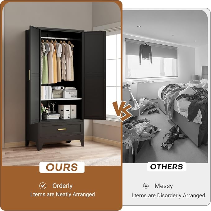 71" Metal Armoire Wardrobe Closet with 1 Drawer, Steel Wardrobe Cabinet with Adjustable Shelves & Hanging Rod and 2 Doors, Black Clothing Storage Cabinet for Bedroom