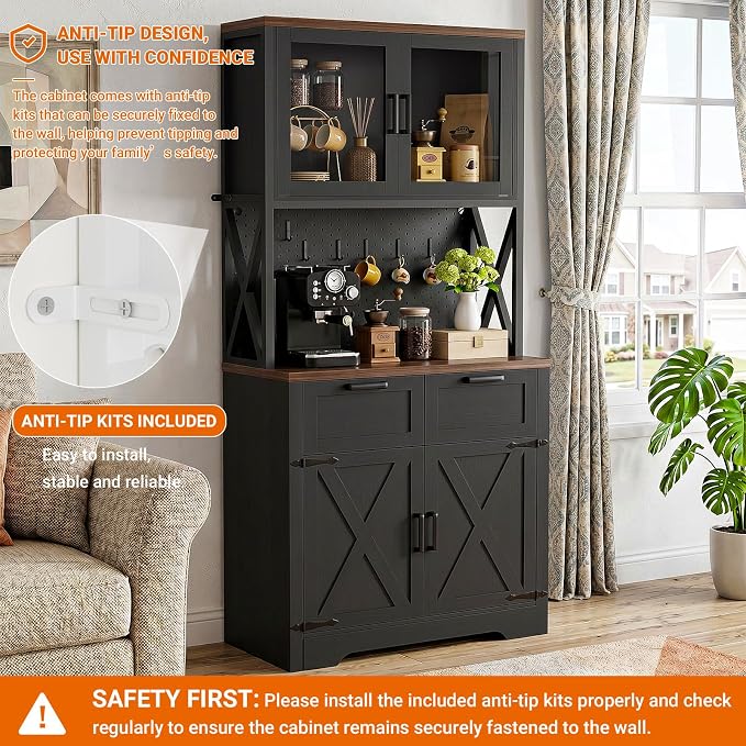 Unikito 71" Pantry Cabinet with LED Light & Outlet, Tall Kitchen Pantry Storage Cabinet with Microwave Stand, DIY Pegboard, Drawer and Adjustable shelf, Kitchen Hutch for Dining Room, Black and Rustic