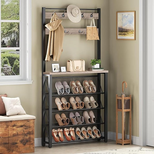 HOOBRO Hall Tree with Bench, Narrow Shoe Rack with Coat Rack, Coat Rack with Shoe Storage, 5 Tier Slanted Shoe Storage Organizer, Coat and Shoe Rack Entryway, Slim Hall Tree, Greige BG20MT01