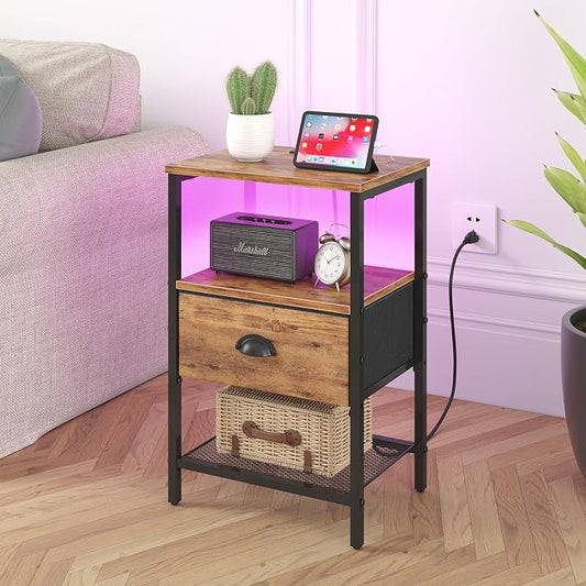 sthmec Nightstands Set of 2, LED Night Stands with Charging Station and Fabric Drawer, Bedside Tables with Drawers, 2- Tier LED Side Table End Table Charging Station Bedroom,Rustic Brown