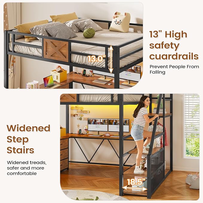 Itaar Full Size Loft Bed with Desk and Storage Stairs, Metal Loft Bed with 6 Storage Drawers, Hall Tree, LED Lights and Power Outlet, for Kids, Teens, Adults, (Rustic Brown, Full)