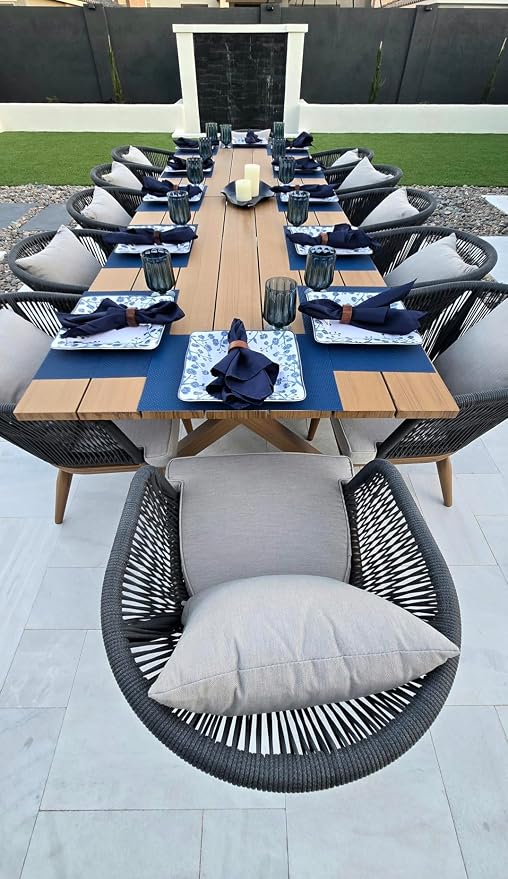 PURPLE LEAF 14 Pieces Patio Dining Set Wicker Outdoor Furniture Rectangular Table and Chairs Set for Garden Deck Teak-Finish & Grey Aluminum Frame Backyard Kitchen Set, Cushions and Pillows Included