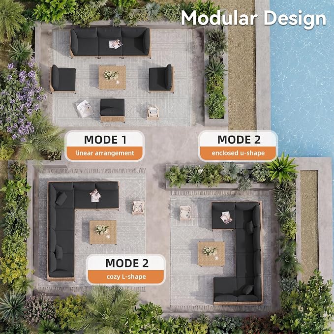 Aoxun 8-Piece Patio Furniture Set, Wicker Outdoor Furniture with Water Resistant Thick Cushions, Patio Conversation Set Outdoor Sectional Sofa with Coffee Table for Backyard Poolside, Black