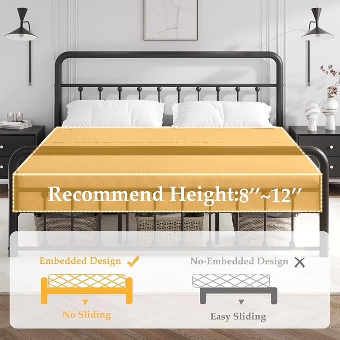 Fluest 14 Inch King Bed Frame Classic Metal Platform Bed Frame with Charging Station & LED, Victorian Style Iron-Art Headboard/Footboard, Under Bed Storage, No Box Spring Needed, Noise Free