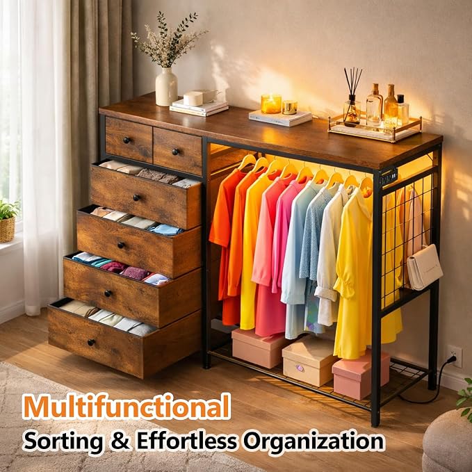 Simple Deluxe Storage Clothes Rack with 6 Drawers, Charging Station & LED Lights, Fabric Chest Shelves Clothing Rack, Wooden Portable Wardrobe Closet, 49.2" W x 15.7" D x 47.2" H, Brown