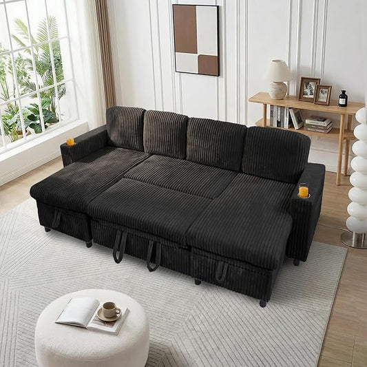 Modular Sectional Sleeper Sofa with Pull Out Bed, Plush Corduroy U Shaped Couch with Storage Chaise, USB Ports, Cup Holders, Comfy Sectional Couches for Living Room, Black