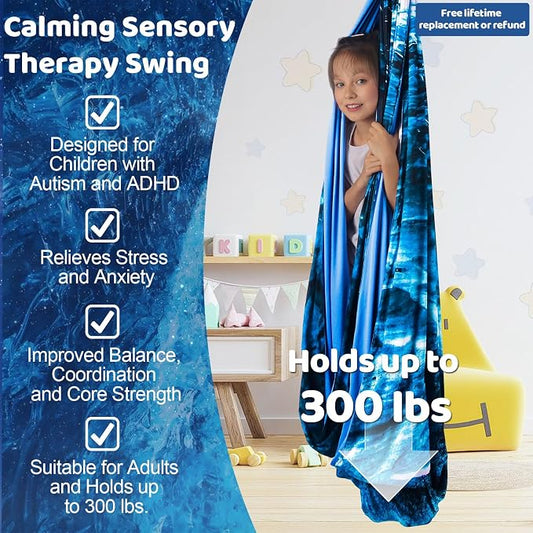 HiCamer Double Layer Sensory Swing for Kids & Adults Holds up to 300lbs Indoor and Outdoor Therapy Cuddle Swing with 360° Swivel Hanger Kit Adjustable with Aspergers Autism ADHD (Ice Teal)