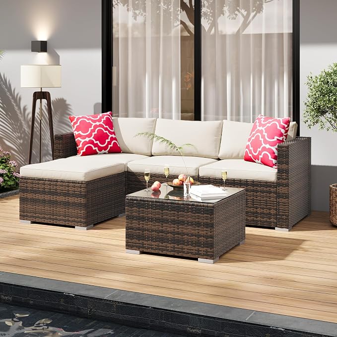 GAOMON 5-Piece All-Weather Patio Furniture Set, Convertible Outdoor Sectional Sofa with Ottoman & Tempered Glass Table, PE Rattan Conversation Set for Garden, Backyard, Porch, Poolside
