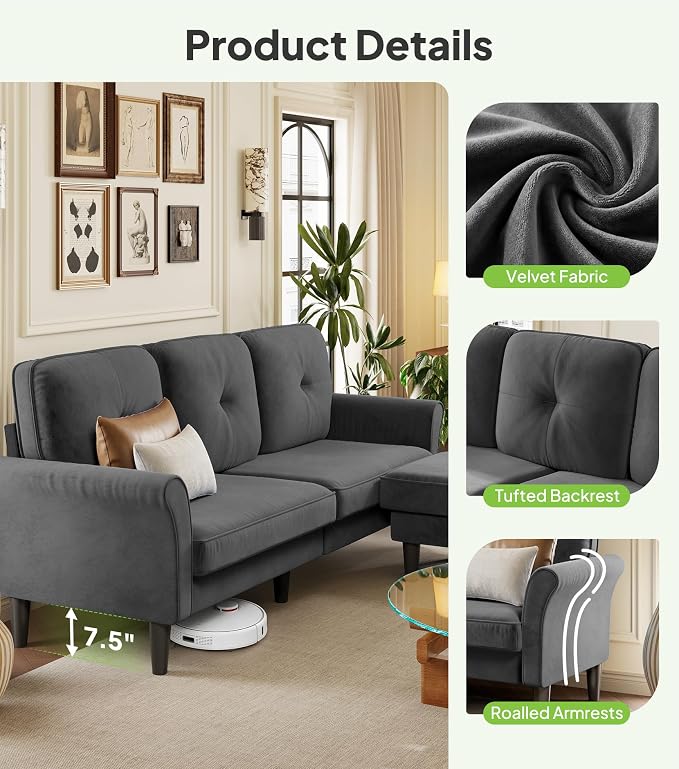 Welzona Sofas for Living Room, 83" Velvet Sectional Couch with Moveable Ottoman, Midcentury Modern Small Sectional Couch, L Shape Sofa & 2 Seater, Couches for Living Room, Apartment, Bedroom, Grey