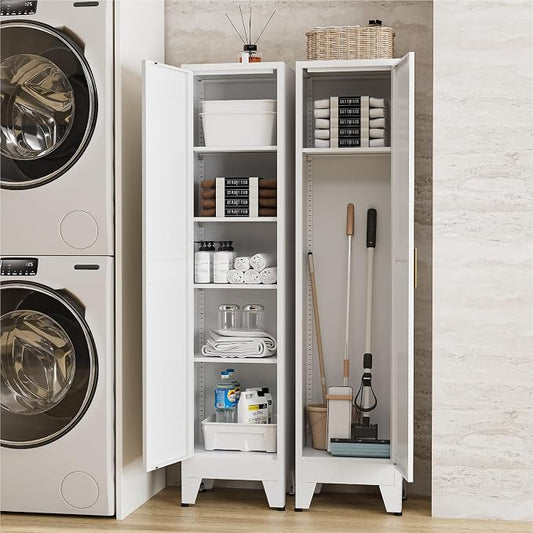 67" Tall Storage Cabinet with Reversible Doors and Adjustable Shelves,Metal Slim Freestanding Cabinet for Bathroom Kitchen Garage Small Spaces,White1 Pack