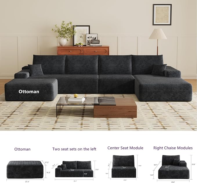 37.4" Plush Corduroy Ottoman, Upholstered Cloud Ottoman for Boneless Couch in a Box, Modular Sectional Couches for Living Room, Compressed Memory Foam, No Assembly Require, Black