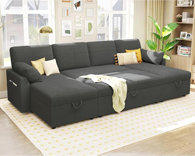 PaPaJet 110 Inch Sleeper Sofa, Oversized Pull Out Couch with Double Storage Chaise,U Shape Couches for Living Room-Dark Gray Boucle