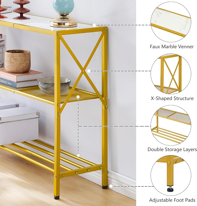 Hoctieon Gold Console Table, 3 Tier Entryway Table with Shelves, Narrow Sofa Table for Hallway, Living Room, Foyer, Office, 42" x 12", Gold and White