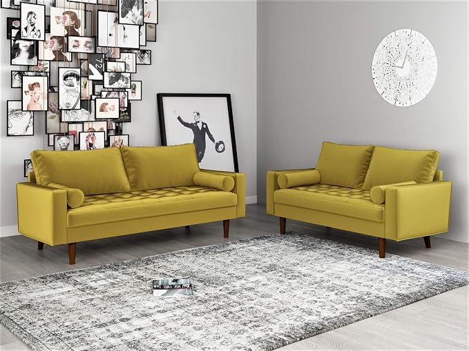 Container Furniture Direct Womble Mid Century Modern Velvet Upholstered Tufted Seat with Bolster Pillows, Sofa, Dijon