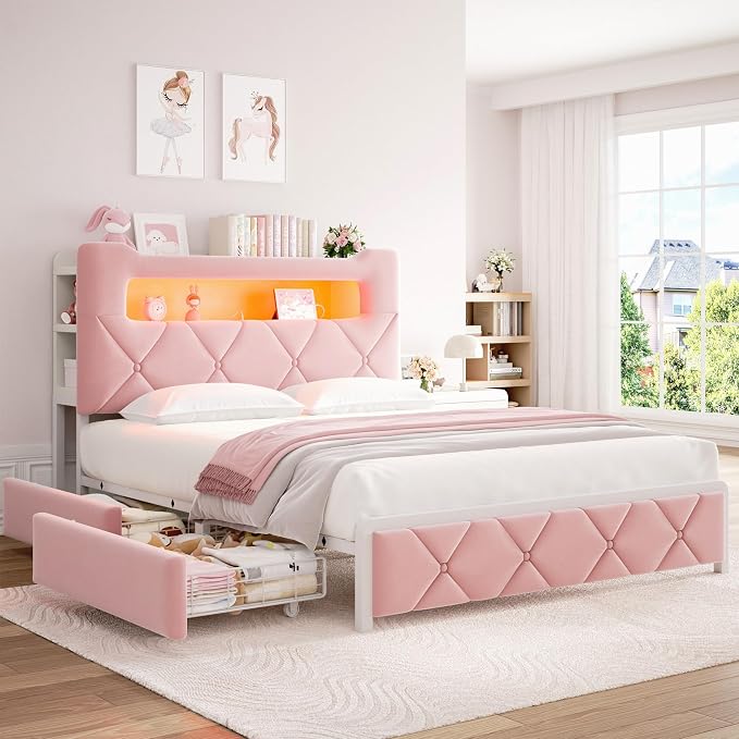 Queen Upholstered LED Bed Frame with 2 Storage Drawers and 2-Tier Storage Headboard,Velvet Princess Platform Bed with Charging Station & Bookcase,Heavy Duty Metal Support,No Box Spring Needed,Pink