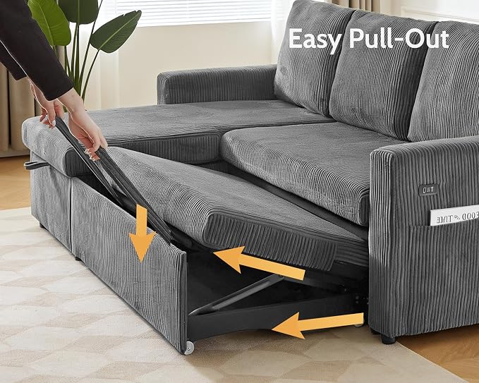 WEUP 82" L Shaped Sectional Sleeper Sofa Bed with Pull Out Bed, Sectional Sleeper Couch Pull Out Couch with Reclining Backrest/Reversible Storage Chaise/USB Ports/Tool-Free Assembly, Corduroy Grey