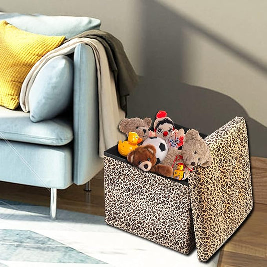 ALASDO Ottoman Storage Ottoman Footrest Stool Foldable Foot Rest Footstool Bench for Living Room 17x13x13inches Leopard Print