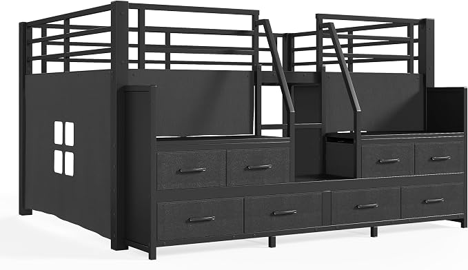 Bellemave Full Size Loft Bed with 8 Non-Woven Fabric Storage Drawers and Bookshelf, Low Loft Bed with Lights and Private Play Curtain, Full Loft Beds with High Rails, Noise Reduced Black