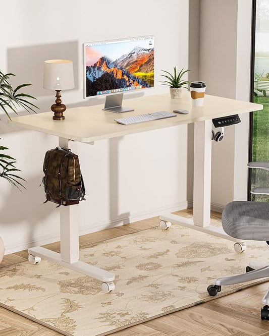Okin Standing Desk Electric Adjustable Computer Whole Piece Stand up Desk with Wheels Office Gaming Home Office Memory Desks 48x24 inches Cream Brown