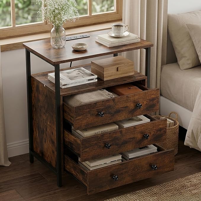 Edbuosy 3 Wooden Drawers Night Stand, 27 Inch Wide Nightstand Set 2 with Charging Station and Adjustable Drawers, Small Dresser for Closet, Bedside Table for Living Room/Bedroom/Office, Retro Brown