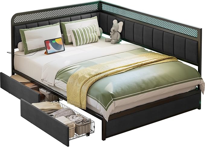 LIKIMIO Full Corner Bed Frame, Modern Daybed with Upholstered Guardrail | Under-Bed Storage Drawers, Built-in Charging Station, Adjustable Smart LED Lights, Gray