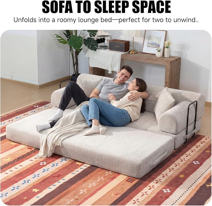 78.8" Memory Foam Boneless Couch, Corduroy Floor Sofa Bed, Convertible Sleeper Futon Loveseat, Wide Armrests & Back Support, Supports Up to 1200 lbs, Couch in a Box with 2 Pillows, Light Camel