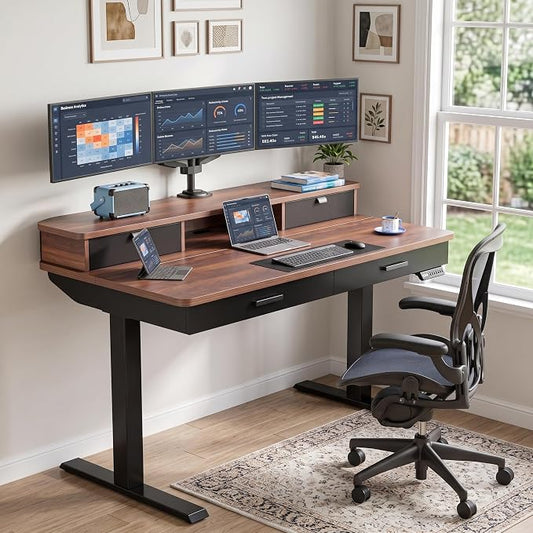 HUANUO 55 x 30 inch Electric Standing Desk with 2 Wood Drawers, Adjustable Height Sit Stand Desk for Home Office, Ergonomic Stand up Desk with 4 Memory Presets, 176 lbs Capacity, Walnut Top