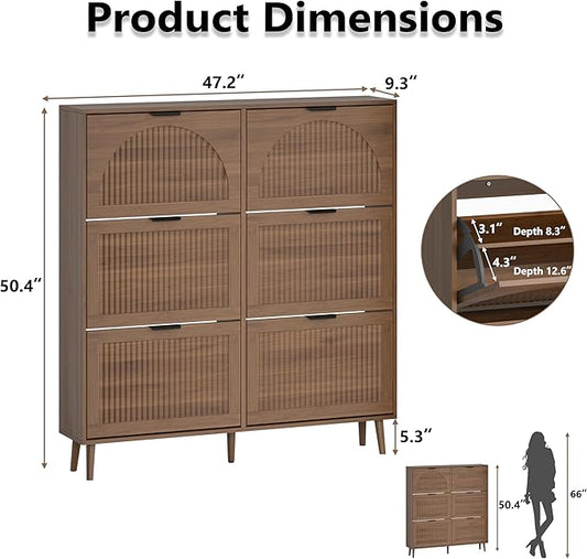 BORNOON Shoe Cabinet for Entryway with 6 Flip Drawers, Slim Wooden Shoe Storage Organizer with Modern Fluted Pannel,Freestanding Narrow Hidden Shoe Rack for Hallway, Foyer, Living Room