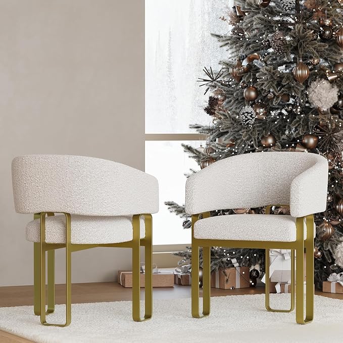 Off White and Gold Dining Chairs with Arms, Barrel Dining Room Chairs with White Boucle & U-Shaped Brushed Gold Metal Legs for Kitchen (Set of 11)
