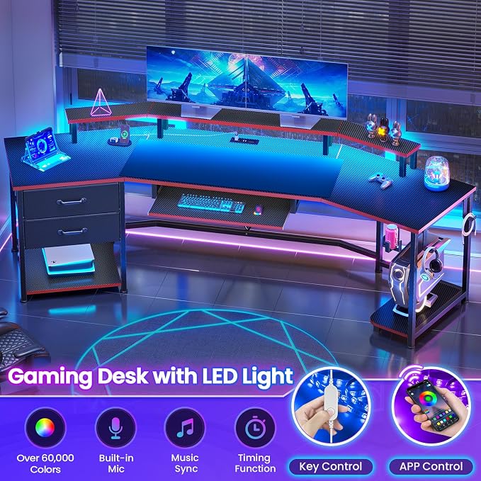 Itaar 79" Gaming Desk with 2 Fabric Drawers, Long Computer Desk with Power Strip & LED Lights, U Shaped Desk wtih Storage and Cup Holder, Large Gaming Table for Bedroom, Carbon Fiber Black+Red