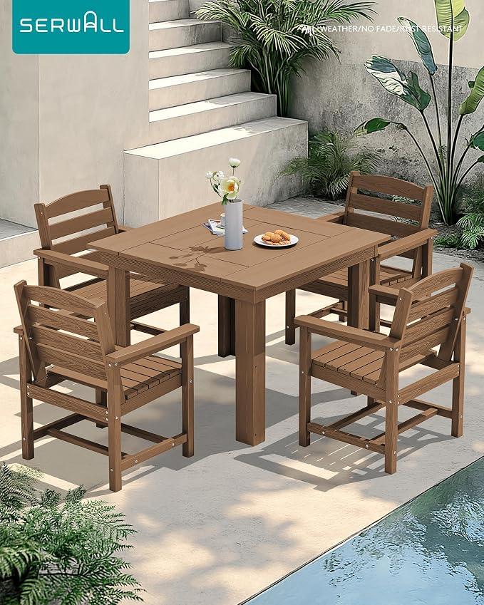 SERWALL Outdoor Dining Set for 4, HDPE Square Table and Chairs Set All Weather Patio Dining Set with 4 Classic Dining Chairs, 5-Piece Patio Dining Furniture for Deck, Brown