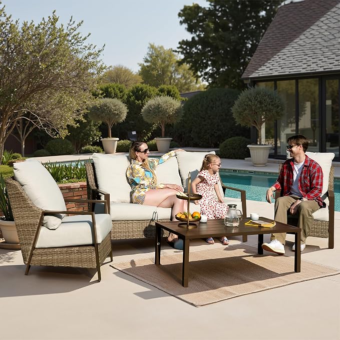 Outdoor Sofa 3 Seat Patio Couch, All-Weather PE Rattan Wicker Loveseat with Washable 4.7" Thick Cushions, Outdoor Furniture for Deck, Porch, Balcony, Backyard, Beige