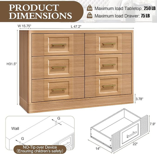 RECHHX Farmhouse 6 Drawers Dresser for Bedroom, 47.2" Wide Large Modern Chest of Drawers, Wooden Thermoformed Curved Dresser Organizer for Bedroom, Living Room, Natural Oak