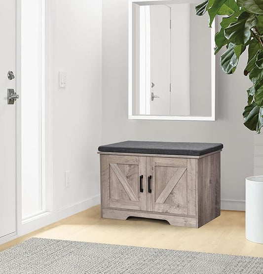 HOMSHO Farmhouse Shoe Storage Bench with 2 Barn Doors & Padded Seat Cushion | 27.6" Wide Entryway Bench with Adjustable Shelves & Hidden Storage, Greige
