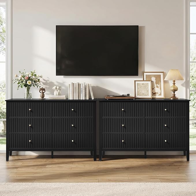 RoyalCraft Black 6 Drawer Dresser, Fluted Modern Wood Dresser, Double Chest of Drawers for Bedroom, TV Stand Storage Cabinet for Living Room
