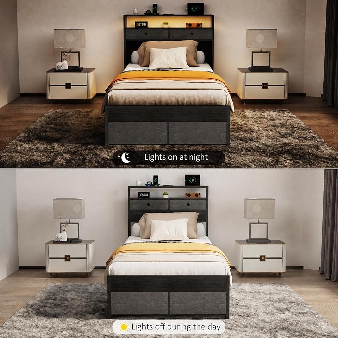 Twin Bed Frames with LED Lights and Charging Station, Platform Bed with Metal Slats, Wood Headboard with 2 Fabric Drawers and Storage Shelves, No Box Spring Needed
