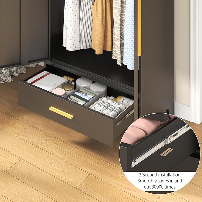 72" Tall Metal Wardrobe Closet - Large Clothing Storage Cabinet with 1 Hanging Rod, 1 Adjustable Shelve, 1 Drawer & Mirror Doors - Closet Organizer for Bedroom, Office, Laundry Room, Garage - Black