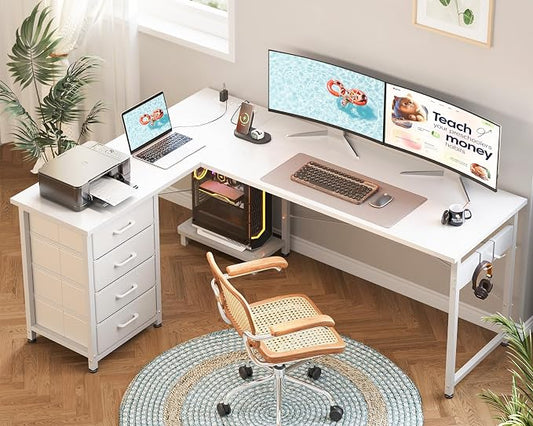 AODK L Shaped Gaming Desk with 4 Drawers, 61" Reversible Home Office Desks with Power Outlets, L Shaped Computer Desk with USB Charging Port and Host Stand, Corner Desk, Easy to Assemble, White