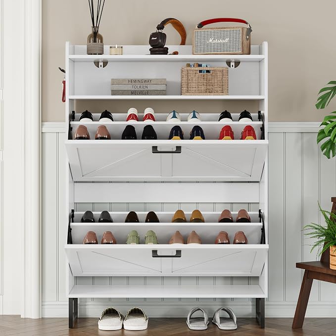 BORNOON Shoe Cabinet with 2 Flip Drawers Narrow Shoe Storage Cabinet Organizer Wooden Freestanding Shoe Rack Hidden Slim Shoes Storage Cabinet for Entryway, Hallway, Bedroom