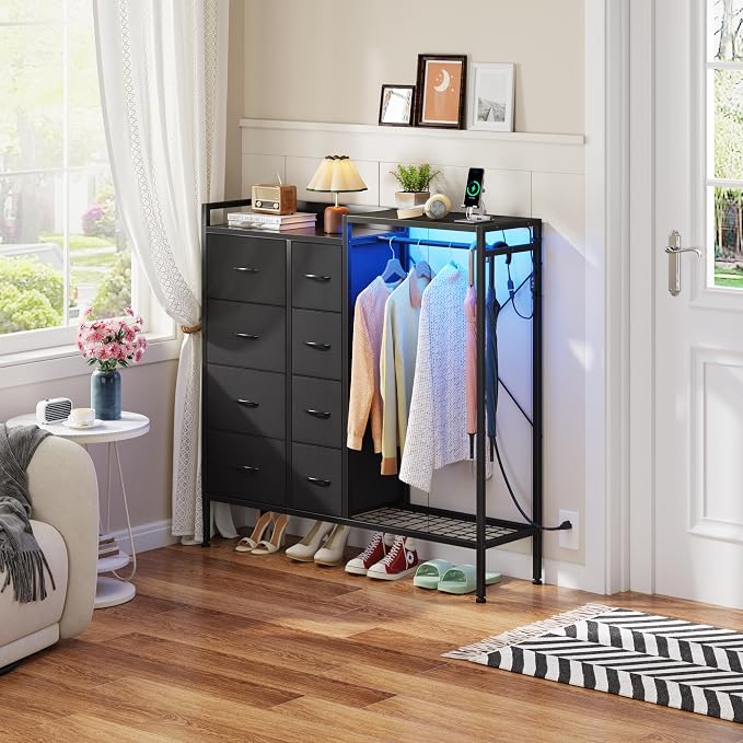 HIGDBFE Dresser with Hanging Rack, 8-Drawer Dresser for Bedroom with Charging Station & LED Lights, Fabric Dressers with Shoe Rack, Chest of Drawers with Wooden Top for Bedroom, Black, 11.8" D
