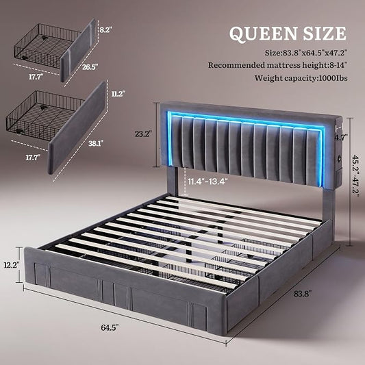 DWVO Queen Size Bed Frame with Adjustable Headboard, 4 Storage Drawers and RGB LED Lights, Velvet Upholstered Platform Bed with USB Ports, No Box Spring Needed, Fast Assembly, Noise-Free, Grey