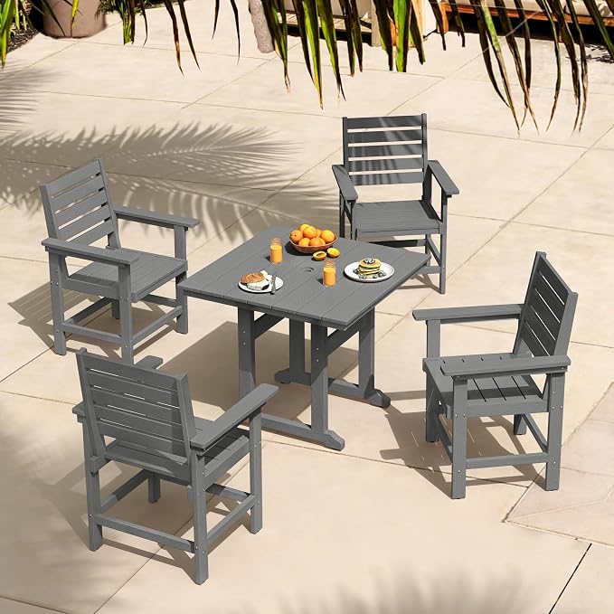 5 Piece Patio Dining Set, 35" Square HDPS Weather Resistant Outdoor Table & 4 Patio Chairs Set with 1.96" Umbrella Hole, Heavy Duty for Small Space Backyard Balcony, Grey