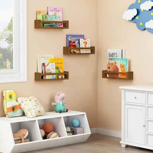 Forbena Dark Wood Nursery Kids Bookshelf Wall Mounted, Wooden Floating Nursery Book Shelves for Wall, Hanging Kids Bookshelves for Toddler Baby Room Bedroom Bathroom (Solid Pine, Walnut Brown, 4 Pack)